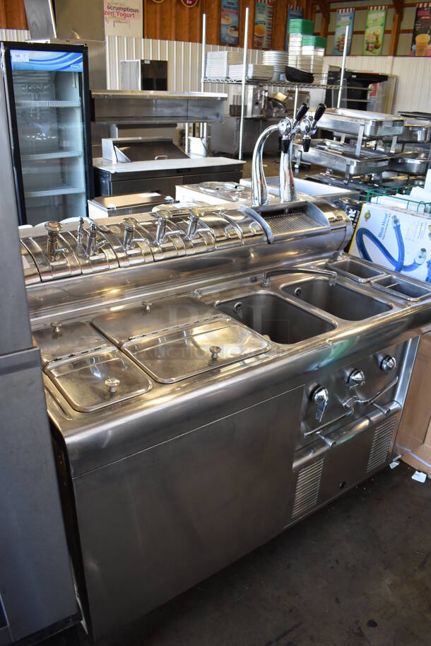 ANTIQUE! Fischman Stainless Steel Commercial Prep Station w/ 2 Hinge Doors, 5 Pumps in Bar Topping Rail, 2 Sink Basins. Does Not Have Compressor. 57x32x56. Bays 10x14x10 - Image 5 of 9