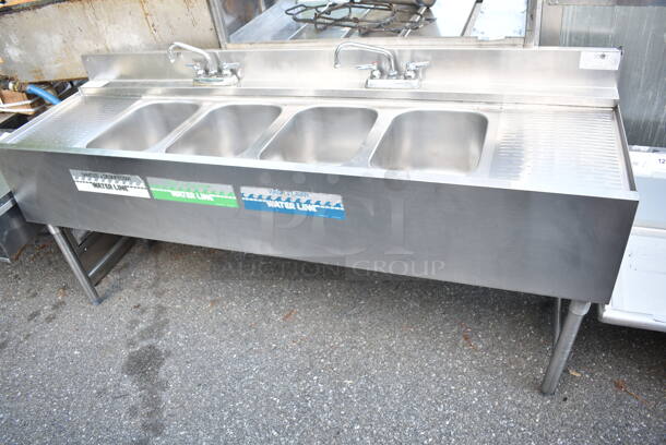 Stainless Steel 4 Bay Sink w/ Dual Drain Boards, 2 Faucet and 2 Handle Sets. Bay 10x15 - Image 1 of 9