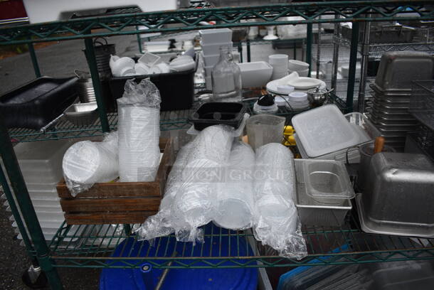 ALL ONE MONEY! Lot of Green Finish 4 Tier Shelving Unit on Commercial Casters w/ All Contents Including Stainless Steel Drop In Bins, White Ceramic Dishes, Blue Poly Lettuce Spinner, Poly Lids. BUYER MUST DISMANTLE. PCI CANNOT DISMANTLE FOR SHIPPING. PLEASE CONSIDER FREIGHT CHARGES. 72x21x69 - Image 6 of 9