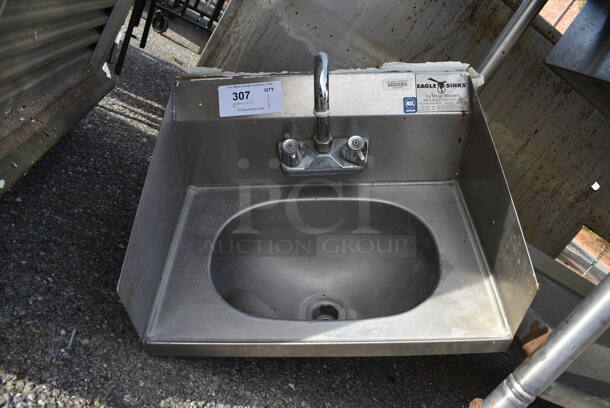 Eagle Stainless Steel Commercial Single Bay Wall Mount Sink w/ Faucet, Handles and Side Splash Guards. 19x15x20 - Image 1 of 4