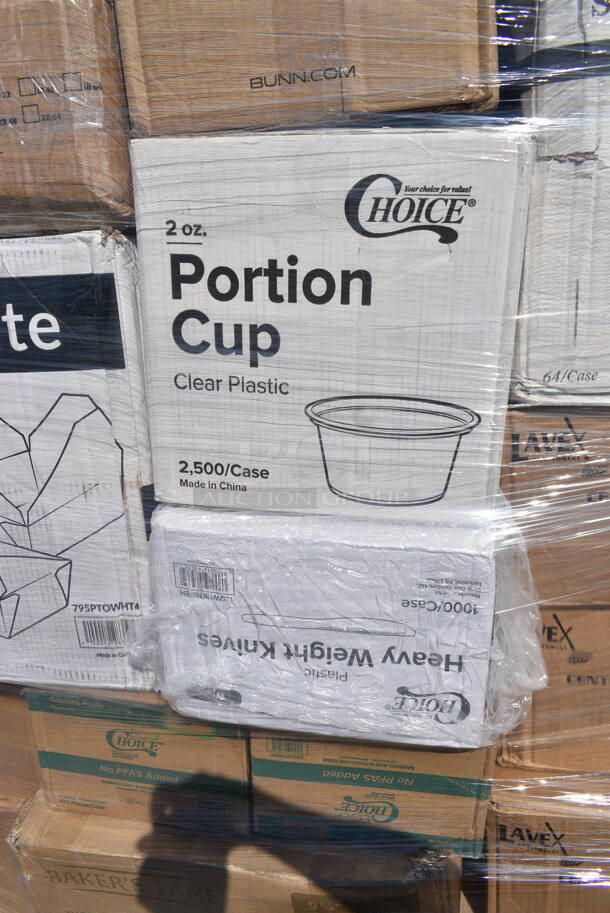 PALLET LOT of 44 BRAND NEW Boxes Including 2 Box 5002DNAPBLK Choice 15" x 17" Black Customizable 2-Ply Paper Dinner Napkin - 1000/Case, 795PTOWHT4 Choice White Microwavable Folded Paper #4 Take-Out Container 7 3/4" x 5 1/2" x 3 1/2" - 160/Case, 347SLWG16 Visions 16 oz. Heavy Weight Clear Plastic Stemless Wine Glass - 64/Case, 2 Box 5002CPTE Lavex 2-Ply White Center Pull Paper Towel 510' Roll - 6/Case, 433NHT004 Choice 1/5 Large Size White Heavy-Duty Unprinted Plastic T-Shirt Bag - 500/Case, 2 Box 395SP06PF EcoChoice No PFAS Added 6" x 6" Natural Bagasse Blend Square Plate - 400/Case, Bakers Lane Pie Pan, 2 Box 500PMGREEKGD Choice 10" x 14" Greek Key Gold Placemat - 1000/Case, 612W45 Choice 10 3/4" x 14" Insulated Foil Sandwich Wrap Sheets - 2000/Case, 128HDLDBULK ChoiceHD Microwavable Translucent Plastic Deli Container Lid - 480/Case, 795KFT44RNPLA EcoChoice 44 oz. Round Kraft Bio-Lined Compostable Take-Out Container 2 5/8" x 7 5/16" - 300/Case. 44 Times Your Bid!  - Image 6 of 12