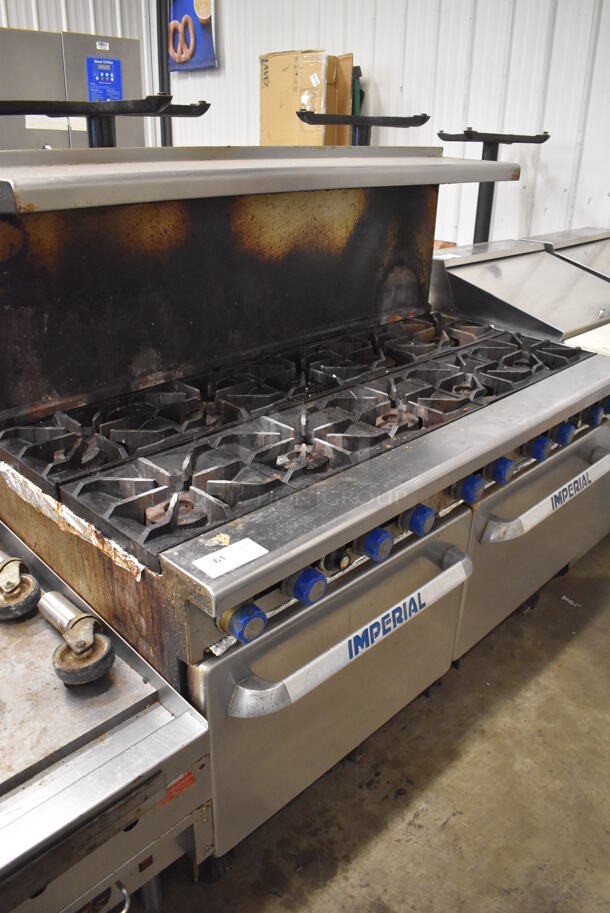Imperial Stainless Steel Commercial Natural Gas Powered 10 Burner Range w/ 2 Ovens, Over Shelf and Back Splash on Commercial Casters. 60x32x56 - Image 7 of 7