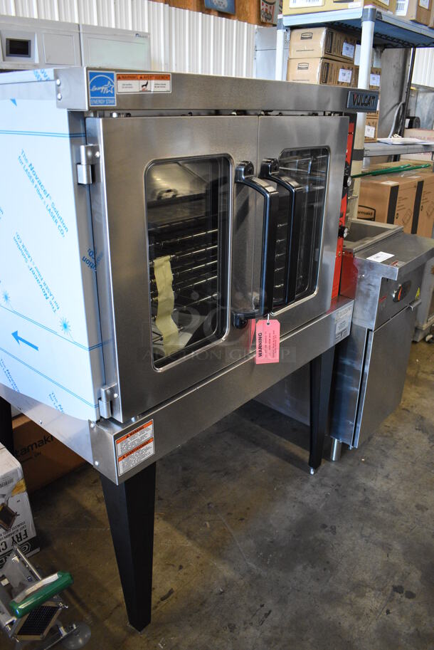 BRAND NEW SCRATCH AND DENT! LATE MODEL! Vulcan Model VC5GD-11D1Z Stainless Steel Commercial Natural Gas Powered Full Size Convection Oven w/ View Through Doors, Metal Oven Racks and Thermostatic Controls on Metal Legs. 40x32x55. Tested and Working! - Image 2 of 8