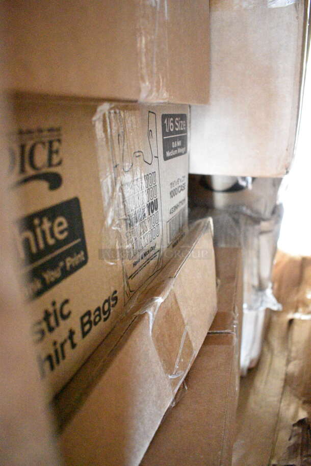 PALLET LOT of 32 BRAND NEW Boxes Including Choice 16 oz Paper Frozen Yogurt Cups, 500CC12HD 12 oz. Plastic Cold Cup - 1000/Case, 127RD16BULK Choice Microwavable Round Deli Container, 433L16C Choice Pint Size Natural Kraft Paper Bag - 500/Case, Dyson Purifier Filter, 164CUSHWGBK Lancaster Table & Seating Spartan Series 2 1/2" Black Vinyl Padded Seat for Chair and Barstool, 2 Box 5001RT800B Lavex 8" White Hardwound Paper Towel, 800 Feet / Roll - 6/Case, 186CVB4810 VacPak-It 186CVB4810 8" x 10" Chamber Vacuum Packaging Pouches / Bags 4 Mil - 1000/Case, Choice 1/6 Standard Size White "Thank You" Standard-Duty Plastic T-Shirt Bag - 700/Case, 347RP9WHSS Visions Wave 9" White Plastic Plate - 180/Case, 130HCUTWR Visions Individually Wrapped White Heavy Weight Plastic Fork - 1000/Case. 32 Times Your Bid! - Image 12 of 12