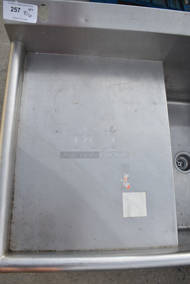 Stainless Steel Commercial L Shaped 3 Bay Sink w/ Dual Drain Board. No Legs. Bays 26x26x13, 18.5x21x13. Drain Boards 19.5x26 - Image 7 of 7