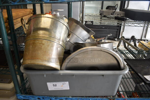 ALL ONE MONEY! Lot of Various Metal Items Including Lids, Bucket and Pitcher in Gray Bus Bin!