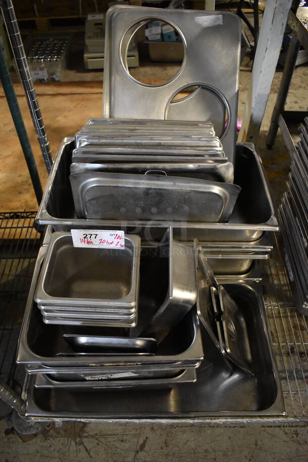 ALL ONE MONEY! Lot of 14 Stainless Steel Drop In Bins, 20 Stainless Steel Drop In Bin Lids and 2 Adapters. Includes 1/1x4, 1/2x6, 1/6x6 - Image 1 of 6
