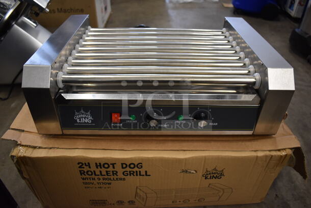 IN ORIGINAL BOX! 2021 Carnival King 382HDRG24 Stainless Steel Commercial Countertop Hot Dog Roller. 120 Volts, 1 Phase. 23x16x7. Tested and Warms Up But Rollers Do Not Turn