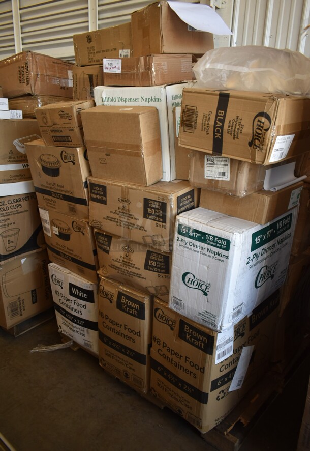 PALLET LOT of 40 BRAND NEW! Boxes Including 2 Box 795PTOKFT8 Choice Kraft Microwavable Folded Paper #8 Take-Out Container 6" x 4 5/8" x 2 1/2" - 300/Case, 795PTOWHT3 Choice 7 3/4" x 5 1/2" x 2 1/2" White Microwavable Folded Paper #3 Take-Out Container - 200/Case, 2 Box 129MCR16B Choice 16 oz. Black 6 1/4" Round Microwavable Heavy Weight Container with Lid - 150/Case, 2 Box 5002DNAP Choice White 2-Ply Dinner Napkin 17" x 15" - 3000/Case, 90MFPPHT3R Dart ProPlanet Hinged Trays, 129MCR32B Choice 32 oz. Black Round Microwavable Heavy Weight Container with Lid 7 1/4" - 150/Case, 105GC47972 Choice 2 Part Green and White Carbonless Guest Check with Beverage Lines and Bottom Guest Receipt - 2000/Case, 2 Box Ghiradrdelli White Chocolate Flavored Sauce, Noble Medium Gloves, 128HD16COMBO ChoiceHD 16 oz. Microwavable Translucent Plastic Deli Container and Lid Combo Pack - 240/Case, T-Shirt Bags, GS18 American Metalcraft GS18 18" Round Wrought Iron Griddle with Matching Stand, Choice 16 oz Deli Container and Lid, 40313CDRSS Choice 13 Qt. Stainless Steel Colander with Base and Handles, Choice Insulated Foil Sandwich Sheets. 40 Times Your Bid! - Image 1 of 11