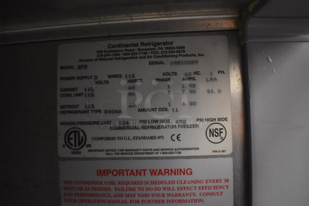 Continental 2FE Stainless Steel Commercial 2 Door Reach In Freezer on Commercial Casters. 115 Volts, 1 Phase. 57x34x82. Tested and Working! - Image 3 of 6