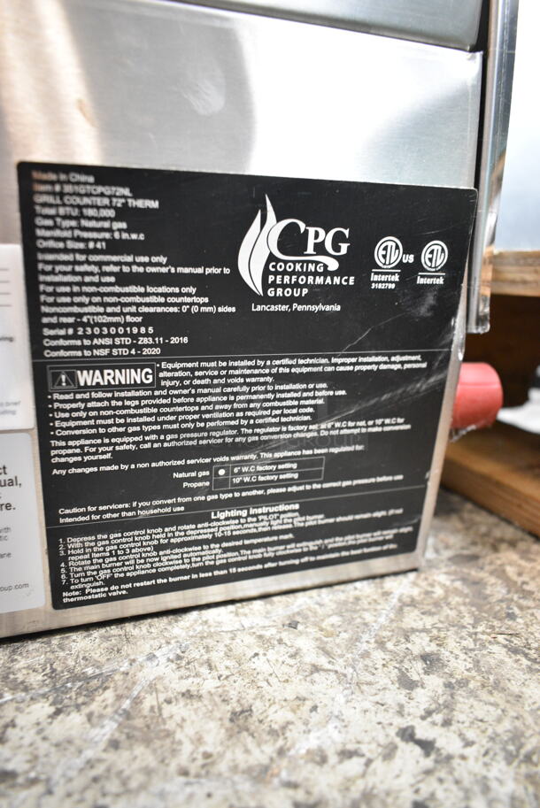 BRAND NEW SCRATCH AND DENT! 2023 Cooking Performance Group CPG 351GTOPG72NL Stainless Steel Commercial Countertop Natural Gas Powered Flat Top Griddle. 180,000 BTU.  - Image 6 of 6