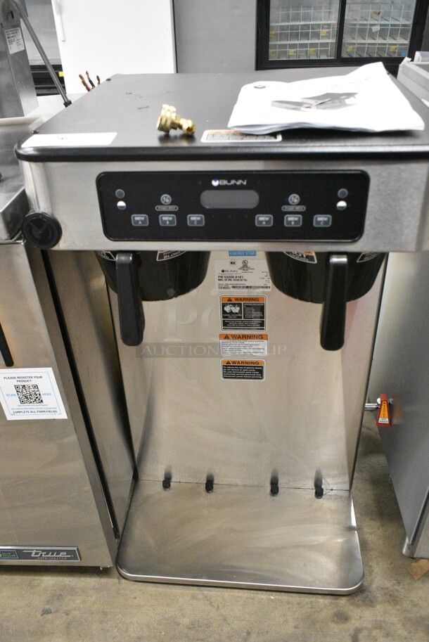 BRAND NEW SCRATCH AND DENT! 2024 Bunn ICB TWIN ENERGY STAR Stainless Steel Commercial 53200.0101 ICB Twin Tall Infusion Series Stainless Steel Automatic Coffee Brewer w/ 2 Poly Brew Baskets. Does Not Come w/ Satellites. 120/240 Volts, 1 Phase.  - Image 2 of 12