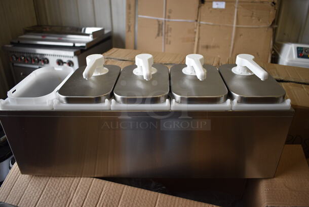 Servsense Stainless Steel Countertop Condiment Rail w/ 5 White Poly Drop Ins and 4 Pump Lids. 23.5x8x10 - Image 1 of 6