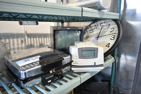 4 Various Items Including Time Clock. Monitor, Clock and Black & Decker Panini Press. 4 Times Your Bid!