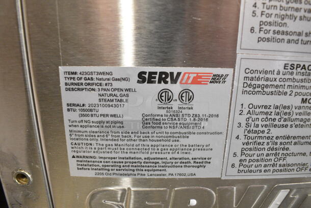 BRAND NEW SCRATCH AND DENT! ServIt 423GST3WENG Stainless Steel Commercial Natural Gas Powered Three Pan Open Well Natural Gas Steam Table. 10,500 BTU. No Legs or Under Shelf.  - Image 8 of 8
