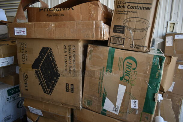 PALLET LOT of 26 BRAND NEW! Boxes Including 129MCR32B Choice 32 oz. Black Round Microwavable Heavy Weight Container with Lid 7 1/4" - 150/Case, WM-16-BLSH 10 Strawberry St - Pale Blush 16 pc dinner set, 3 Box 347SP6BK Visions Florence 6" Square Black Plastic Plate - 120/Case, 395TO961 EcoChoice 9" x 6" x 3" Compostable Sugarcane / Bagasse 1 Compartment Take-Out Container - 200/Case, Genpak Deli 16 oz Hinged Container, 128HD12BULK ChoiceHD 12 oz. Microwavable Translucent Plastic Deli Container - 480/Case, San Jamar KM2100B Tuf-Mat 3' x 5' Black Grease-Resistant Bagged Floor Mat - 1/2" Thick, 129MCS28W Choice 28 oz. White 8 3/4" x 6 1/4" x 1 3/4" Rectangular Microwavable Heavy Weight Container with Lid - 150/Case, 274RK251 Noble Products 25-Compartment Gray Full-Size Glass Rack with 1 Blue Extender, 3 Box 395RP09PF EcoChoice No PFAS Added 9" Natural Bagasse Blend Plate - 500/Case, 2 Box 128HD8COMBO ChoiceHD 8 oz. Microwavable Translucent Plastic Deli Container and Lid Combo Pack - 240/Case, Choice 7 oz. Translucent Thin Wall Plastic Cold Cup - 2500/Case. 26 Times Your Bid! - Image 5 of 9