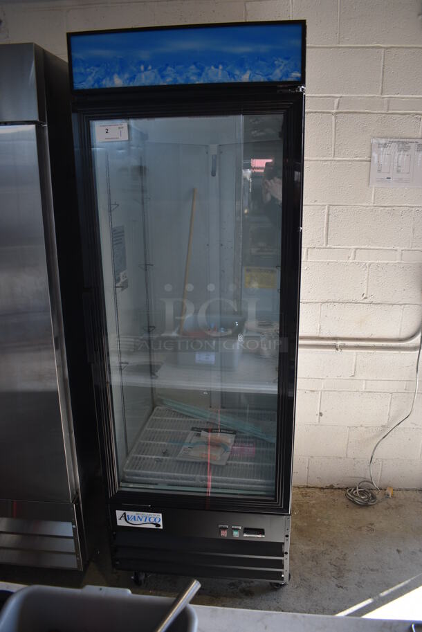 BRAND NEW SCRATCH AND DENT! Avantco Model 178GDC23HCB Metal Commercial Single Door Reach In Cooler Merchandiser w/ Poly Coated Racks on Commercial Casters. 115 Volts, 1 Phase. 28x33x84. Tested and Working! - Image 2 of 5