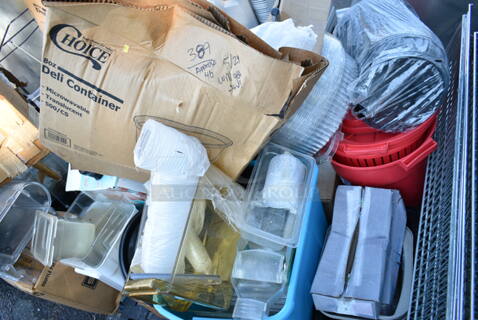 PALLET LOT of Various Items Including Lettuce Spinner, Deli Container, Poly Drop In Bins, Lids, 127RD8BULK Choice 8 oz. Customizable Microwavable Translucent Round Deli Container - 500/Case.