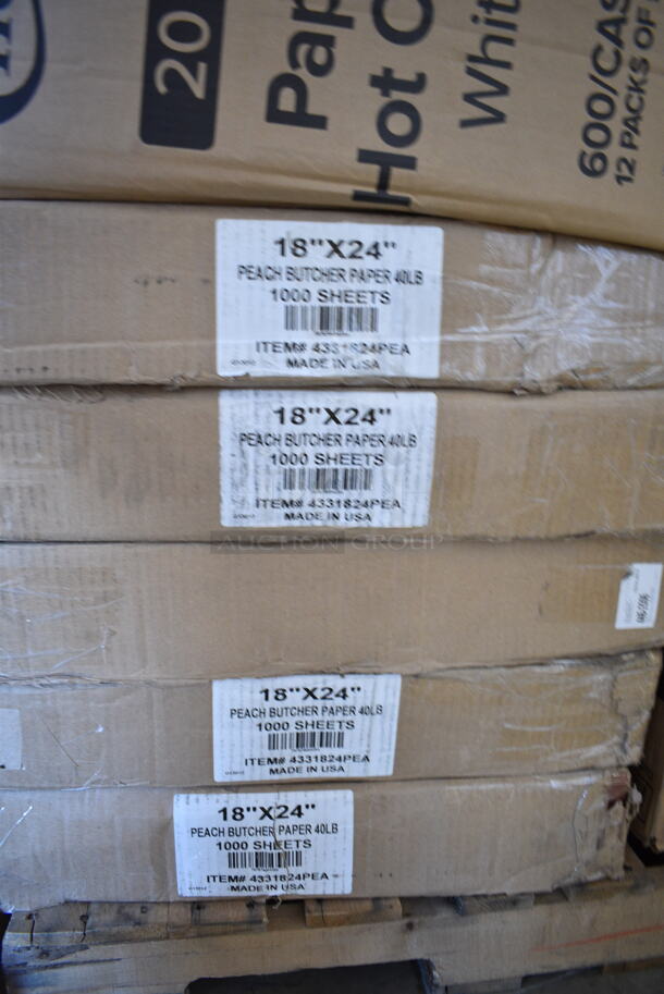 PALLET LOT of 31 BRAND NEW Boxes Including 2 Box PP883-BK Ecopax Hinge Containers, 2 Box 50010W Choice 10 oz. White Poly Paper Hot Cup - 1000/Case, 129MCR50B Choice 43 oz. Black Round Microwavable Heavy Weight Container with Lid 9" - 150/Case, 500CC20HD 20 oz. Plastic Cold Cup - 600/Case, 2 Box 129MCS28B Choice 28 oz. Black Rectangular Microwavable Heavy Weight Container with Lid 8 3/4" x 6 1/4" x 1 3/4" - 150/Case, 128HD8COMBO ChoiceHD 8 oz. Microwavable Translucent Plastic Deli Container and Lid Combo Pack - 240/Case, 164CUSHMCMVN Lancaster Table & Seating Vintage Wood Seat for Mid-Century Chairs and Barstools, 2 Box Tablecraft 8032A PourMaster Complete 1 Qt. White Pour Bottle Kit with Assorted Color Spouts and Caps - 12/Pack, Choice 24" White Disposable Polypropylene Bouffant Cap - 100/Pack, 50020W Choice 20 oz. White Poly Paper Hot Cup - 600/Case, 600SOS1236 Regency Stainless Steel Single Deck Overshelf - 12" x 36" x 19 1/4", 5 Box 4331824PEA Choice 18" x 24" Pink / Peach Butcher Paper Sheets - 1000/Case, 12" Corrugated White Circles, 3698239413 Frymaster 8239413 20 3/8" x 28" Stainless Steel Fryer Cover for MJ1CF and MJCF Series, 795PTOBK8 Choice Black Microwavable Folded Paper #8 Take-Out Container 6" x 4 3/4" x 2 1/2" - 300/Case, 303BWREB16 Acopa 16 oz. Bright White Wide Rim Rolled Edge Rim Stoneware Soup and Pasta Bowl - 12/Case, 795PTOKFT3 Choice Kraft Microwavable Folded Paper #3 Take-Out Container 7 3/4" x 5 1/2" x 2 1/2" - 200/Case, 502404816CL Lavex 40-45 Gallon 16 Micron 40" x 48" High Density Janitorial Can Liner / Trash Bag - 250/Case. 31 Times Your Bid!  - Image 11 of 12