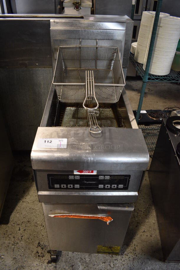 2011 Frymaster FPH155SD Stainless Steel Commercial Countertop Natural Gas Powered Deep Fat Fryer w/ Grease Trap and Metal Fry Basket on Commercial Casters. 80,000 BTU. 16x37x49