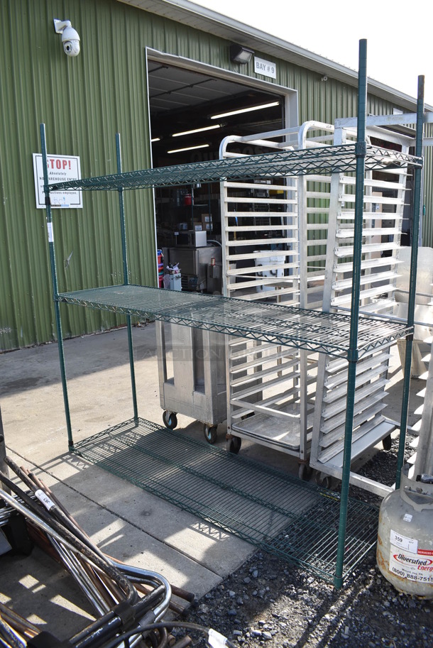 Green Finish 3 Tier Wire Shelving Unit. BUYER MUST DISMANTLE. PCI CANNOT DISMANTLE FOR SHIPPING. PLEASE CONSIDER FREIGHT CHARGES. 72x21x74 - Image 3 of 3