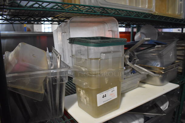 ALL ONE MONEY! Tier Lot of Various Items Including Poly Bins, Lids, Utensils and Stainless Steel Drop In Bins