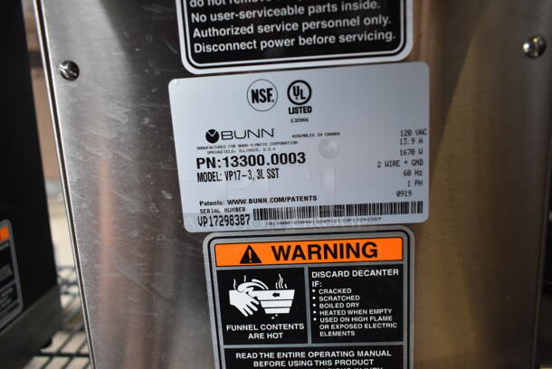 2019 Bunn VP17-3 Stainless Steel Commercial Countertop 3 Burner Coffee Machine w/ Poly Brew Basket. 120 Volts, 1 Phase. - Image 6 of 6