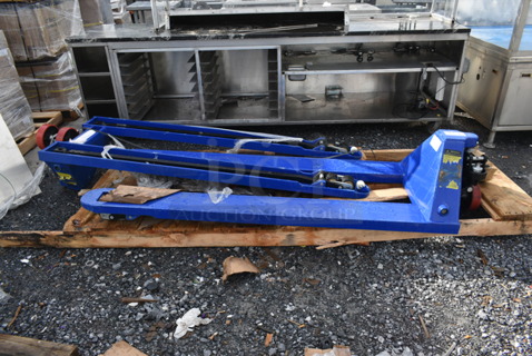 2 BRAND NEW SCRATCH AND DENT! Metal Blue 4,400 Pound Capacity Pallet Jacks. Handles are Not Attached. 2 Times Your Bid!