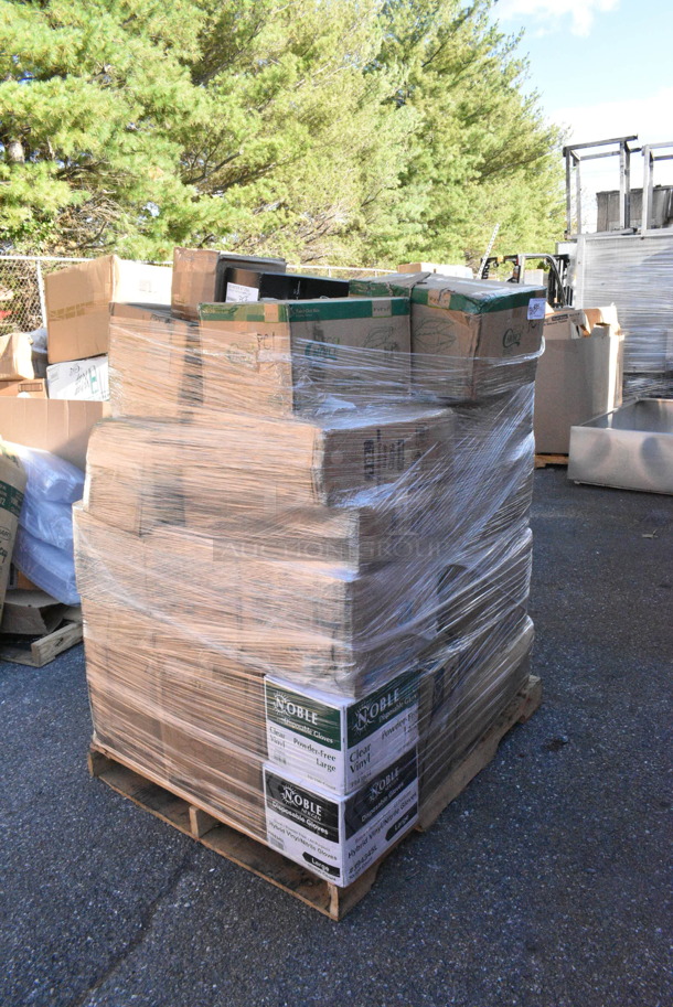 30 BRAND NEW! Items Including 394365L Noble Products Powder-Free Disposable Clear Vinyl Gloves for Foodservice - Large - 1000/Case, 394345L Noble NexGen Powder-Free Disposable Black Hybrid 3 Mil Thick Gloves - Large - 1000/Case, 395TO961 EcoChoice 9" x 6" x 3" Compostable Sugarcane / Bagasse 1 Compartment Take-Out Container - 200/Case, 552D6653 Chef & Sommelier D6653 47.36 oz. Open Up Decanter by Arc Cardinal - 2/Case, 130WSPOON Choice Medium Weight White Plastic Teaspoon - 1000/Case, 760WY9LT Lavex 9 oz. Translucent, Individually Wrapped Cups - 1000/Case, 395RP10PF EcoChoice No PFAS Added 10" Natural Bagasse Blend Plate - 500/Case. 30 Times Your Bid!  - Image 1 of 12