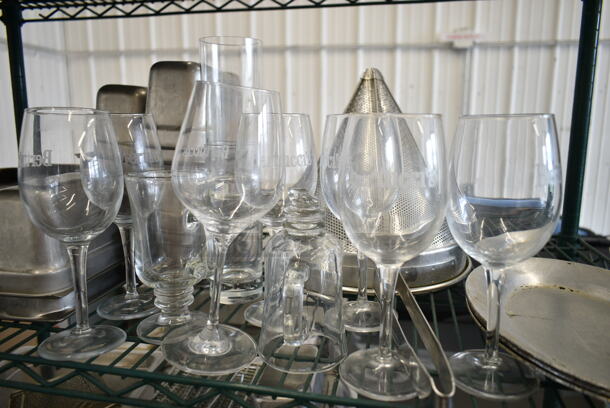 ALL ONE MONEY! Three Tier Lot of Various Items Including Metal Full Size Baking Pans, Stainless Steel Drop In Bins, Wine Glasses, Pizza Pans and Utensils.  - Image 8 of 12