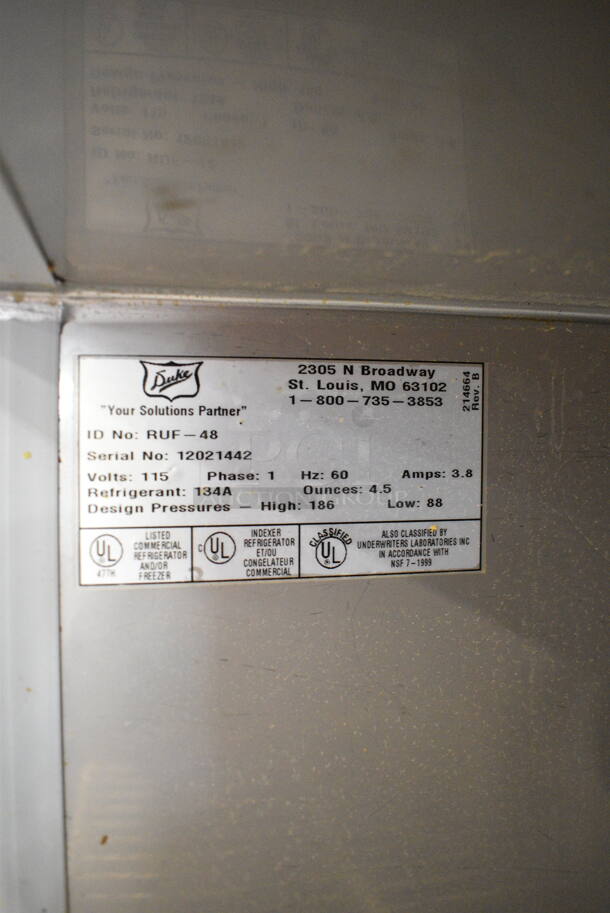 Duke RUF-48 Stainless Steel Commercial 2 Door Work Top Cooler w/ Nemco Vegetable Slicer on Mount. 120 Volts, 1 Phase. Tested and Working! - Image 9 of 9