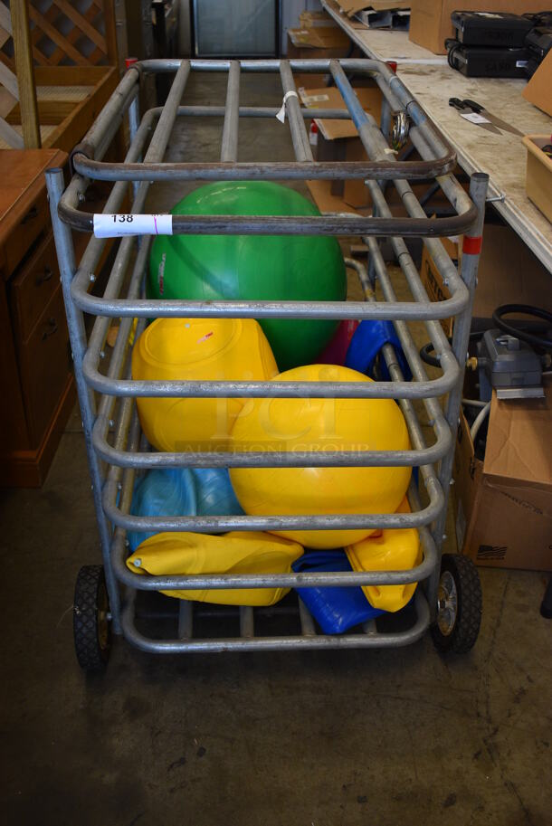 Metal Cage w/ Contents Including Yoga Ball on Commercial Casters. 29x48x38