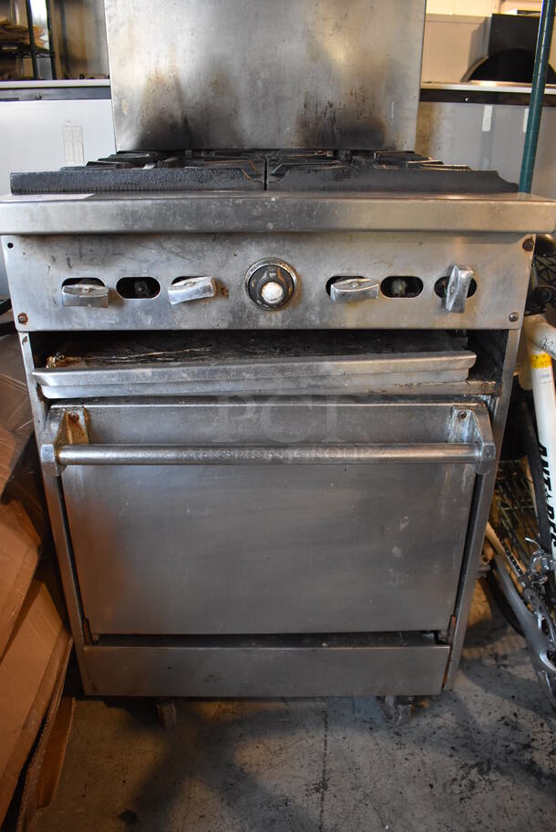 Jade Range Stainless Steel Commercial Natural Gas Powered 4 Burner Range w/ Salamander Cheese Melter, Oven and Back Splash on Commercial Casters. 24x32x76 - Image 5 of 9