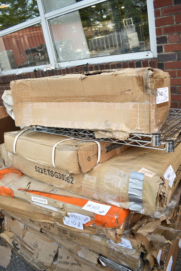 4 BRAND NEW SCRATCH AND DENT! Items; 600CR8 Regency FIFO Wire Can Rack, Regency 600PSWT3030F 30" x 30" Poly Table Top for 30" x 60" Poly Top Table without Backsplash, Regency 460SW3648 Spec Line 36" x 48" NSF Stainless Steel Wire Shelf. 4 Times Your Bid! May Be Missing Pieces.  - Image 2 of 6