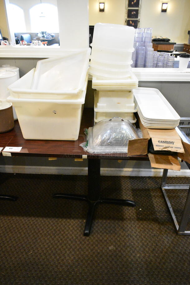Wood Pattern Dining Height Table w/ Contents Including Poly Bins, Poly Trays. (main dining room) - Image 1 of 4