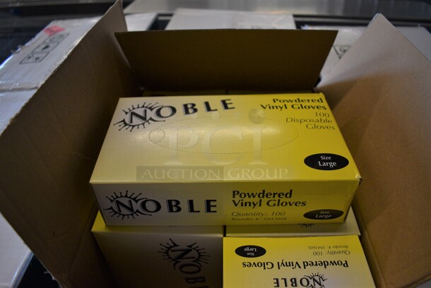 2 Boxes of 10 BRAND NEW! Noble Powdered Vinyl Large Gloves. Total of 20 Boxes. 2 Times Your Bid!