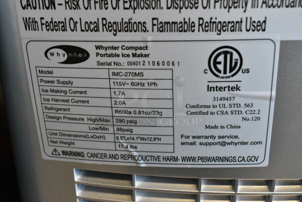 BRAND NEW SCRATCH AND DENT! Whynter IMC-270MS Metal Countertop Compact Portable Ice Maker 27 lb capacity. 115 Volts, 1 Phase. Tested and Working! - Image 6 of 6