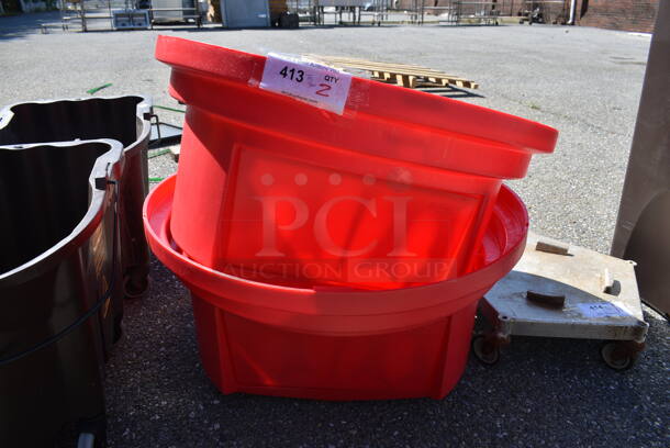 2 Red Poly Trash Can Lids. 27x27x14.5. 2 Times Your Bid!