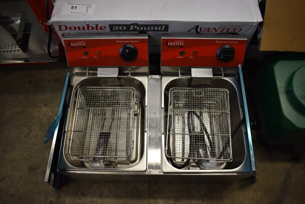 BRAND NEW IN BOX! Avantco 177F102 Stainless Steel Commercial Countertop Electric Powered 2 Bay Fryer w/ 2 Metal Baskets and 2 Lids. 24x16.5x12 - Image 2 of 7