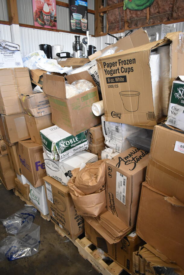 PALLET LOT of 19 BRAND NEW Boxes Including Choice 8 oz. White Paper Frozen Yogurt / Food Cup - 1000/Case, 39465XL Noble X Large Gloves, American Standard Ovalyn 0496221.020 19 1/4" x 16 1/4" White Vitreous China Single Bowl Undermount Sink, 500TO9 Choice 9" x 9" x 3" Microwavable 1-Compartment Black / Clear Plastic Hinged Container - 100/Case, 130WSPOONWP Choice Individually Wrapped Medium Weight White Plastic Teaspoon - 1000/Case, Tellus Plates, Choice Hot Cup Travel Lids. 19 Times Your Bid! - Image 2 of 9