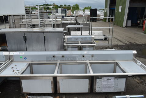 BRAND NEW SCRATCH AND DENT! Regency 600S32424218 Stainless Steel Commercial 3 Bay Sink w/ Dual Drain Board. Bays 24x14