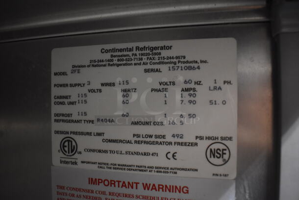 Continental 2FE ENERGY STAR Stainless Steel Commercial 2 Door Reach In Freezer on Commercial Casters. Missing Doors. 115 Volts, 1 Phase. 57x34x82. Tested and Does Not Power On - Image 4 of 6