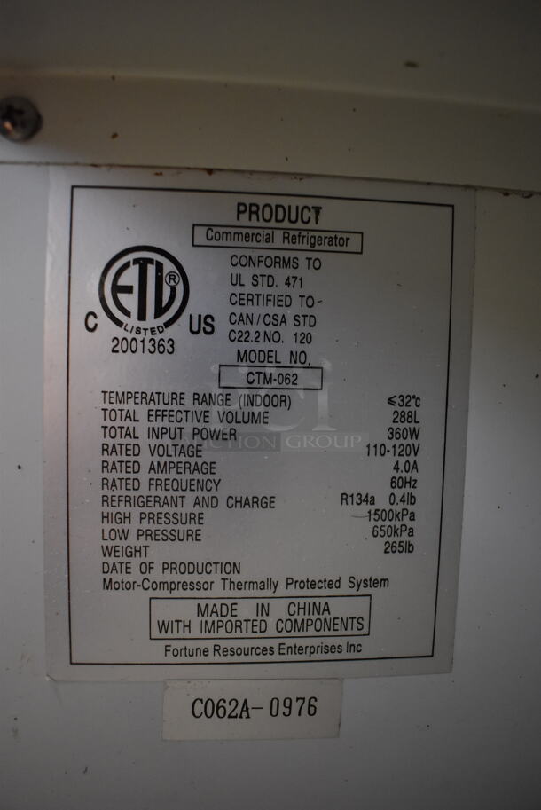 Fortune CTM-062 Commercial Stainless Steel Single Glass Door Merchandiser Cooler With Black Trim And Polycoated Shelves. 110-120V. Tested and Powers On But Does Not Get Cold - Image 5 of 5