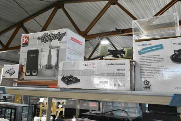 4 IN ORIGINAL BOX! Items Including PDIC106 2 Way Speakers, Audio Technica Stereo Turntable, NutriChef Food Processor, SereneLife SLPUMP30 Electric Air Pump Compressor. 4 Times Your Bid!  - Image 1 of 5
