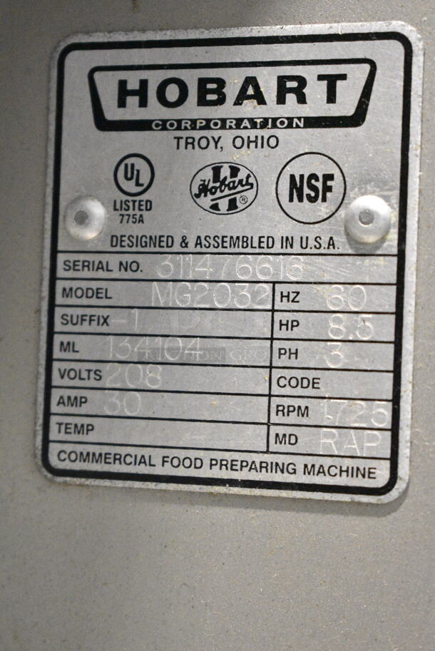 Hobart MG2032 Metal Commercial Floor Style Electric Powered Meat Mixer Grinder w/ Foot Pedal on Commercial Casters. Missing Auger. 208 Volts, 3 Phase. - Image 4 of 4