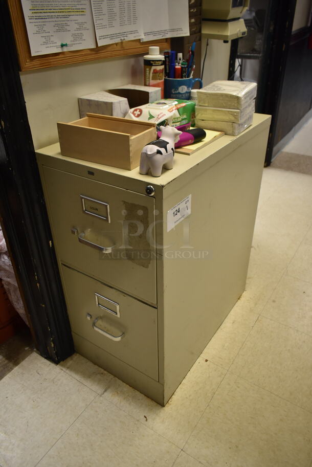 Hon Tan Metal 2 Drawer Filing Cabinet w/ Contents. (dish room) - Image 2 of 5