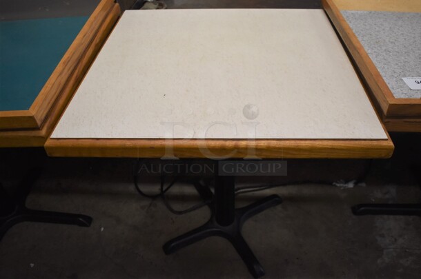 2 Dining Height Table on Black Metal Table Base. Stock Picture - Cosmetic Condition May Vary. 28x28x30. 2 Times Your Bid!