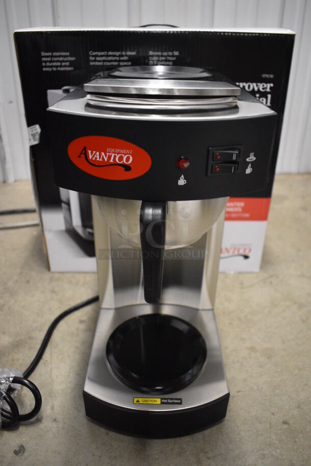 BRAND NEW SCRATCH AND DENT! Avantco Model C10 Stainless Steel Commercial Countertop Single Burner Coffee Machine w/ Metal Brew Basket. 120 Volts, 1 Phase. 8x14x17