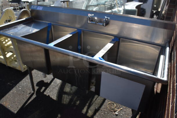 Stainless Steel Commercial 3 Bay Sink w/ Dual Drainboards and Handles. 79x30x43. Bays 18x24x14. Drainboards 16x26x1 - Image 5 of 6