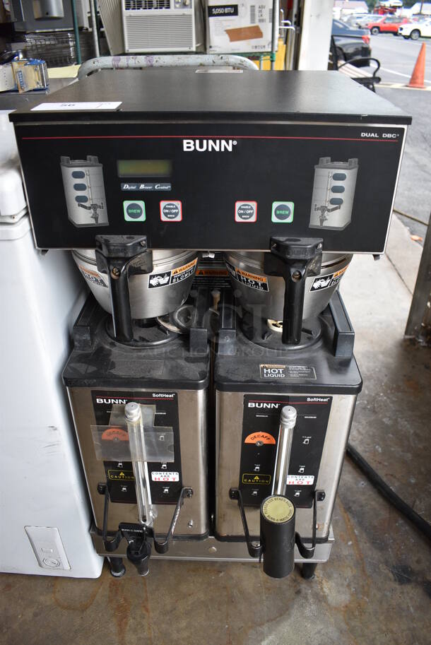 Bunn Model DUAL SH DBC Stainless Steel Commercial Countertop Coffee Machine w/ 2 Satellite Servers and 2 Metal Brew Baskets. 120/208-240 Volts, 1 Phase. 18x22x36